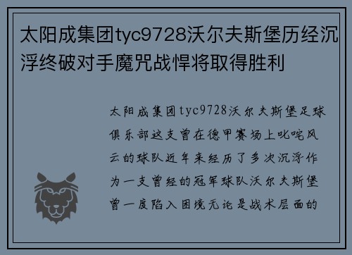 太阳成集团tyc9728沃尔夫斯堡历经沉浮终破对手魔咒战悍将取得胜利