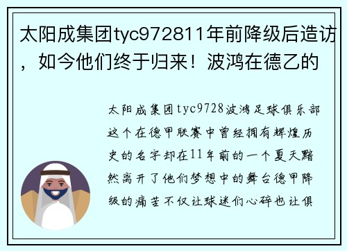 太阳成集团tyc972811年前降级后造访，如今他们终于归来！波鸿在德乙的11年奋斗史