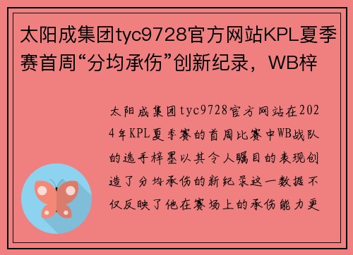 太阳成集团tyc9728官方网站KPL夏季赛首周“分均承伤”创新纪录，WB梓墨力压群雄 - 副本